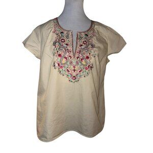 Charter Club Beige Cotton Embroidered Split Neck Top Size 14